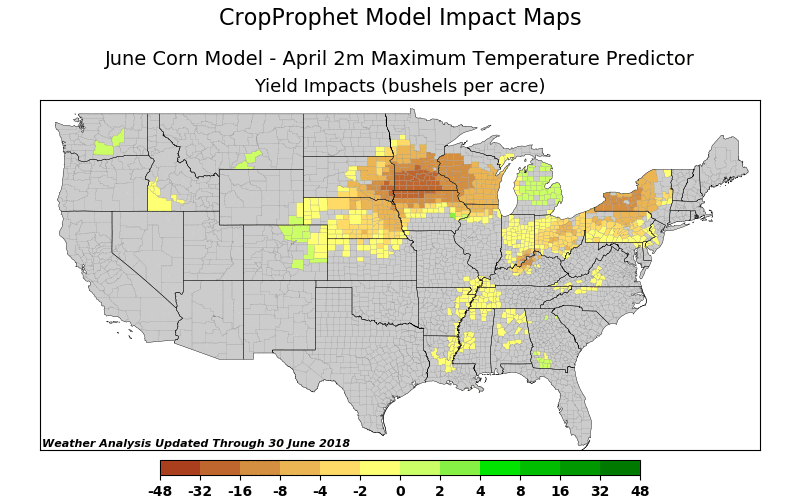 April Maximum Temperature Corn Yield Impact Maps 