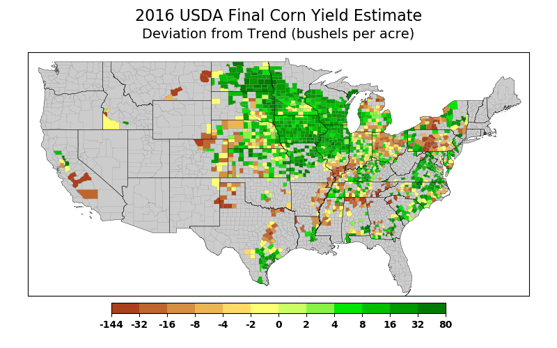 2016 US Deviation From Trend Corn Yield Anomalies