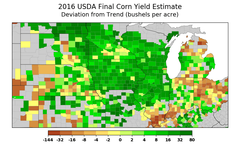 Corn Yield Deviation From Trend in 2016 for Iowa