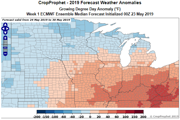 CropProphet ECMWF 1 week growing degree day anomaly forecast