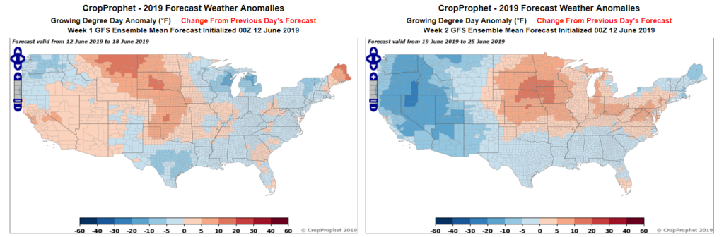 A map of GFS temperature run to run weather forecast change.
