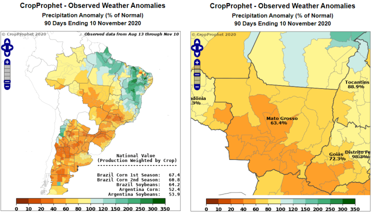 Brazil Soybean Weather: Brazil and Mato Grosso Precipitation Deviation from Normal