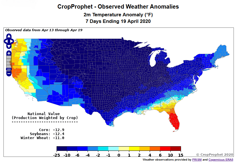 CropProphet: April 19, 2020 7-day temperature anomaly