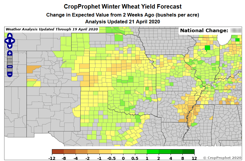 CropProphet: April 21, 2020 Change in Winter Wheat Yield forecast from two weeks ago