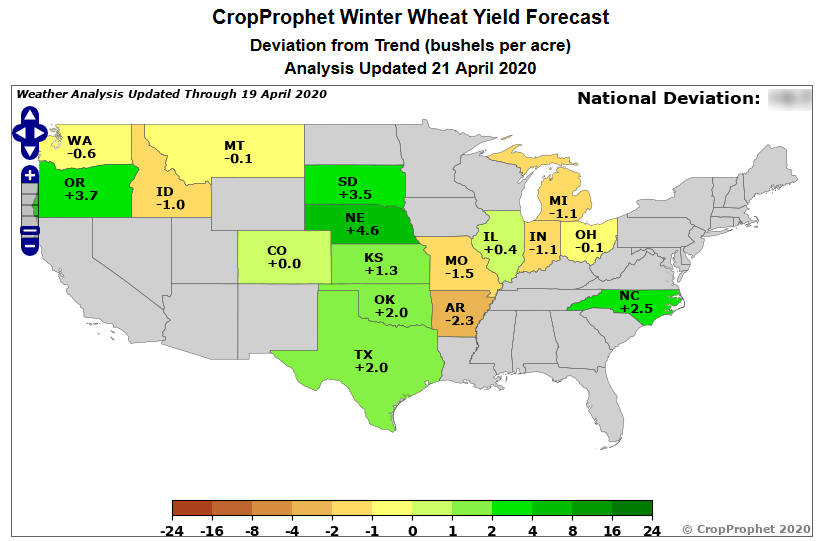 CropProphet US National Winter Wheat yield forecast: Deviation from technology trend analysis 