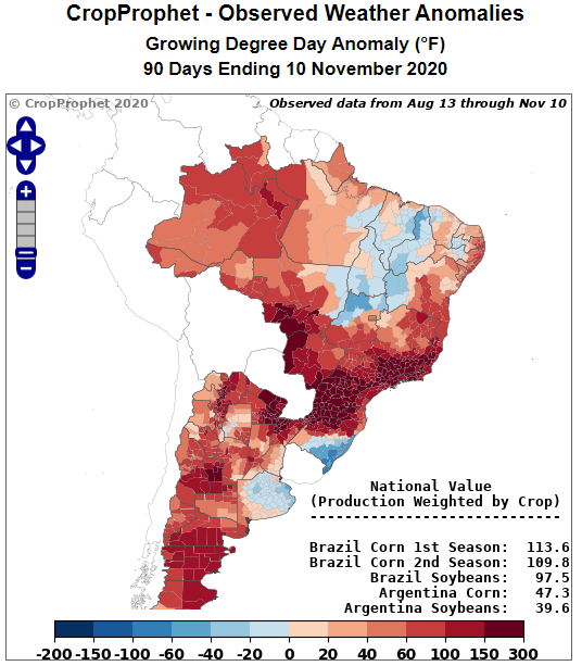 South America Observed Growing Degree Days Relative to Normal