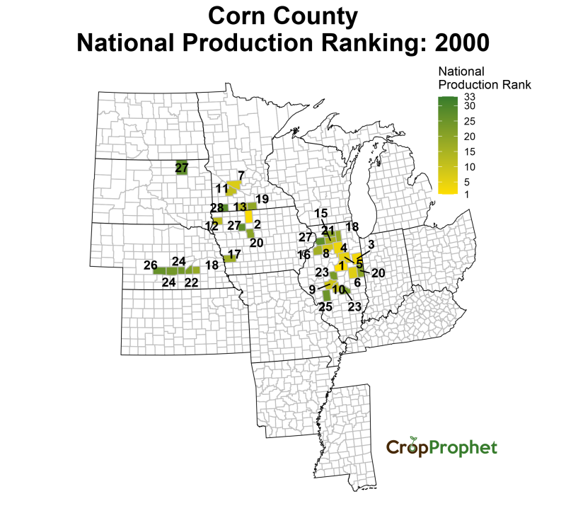 Corn Production by County - 2000 Rankings