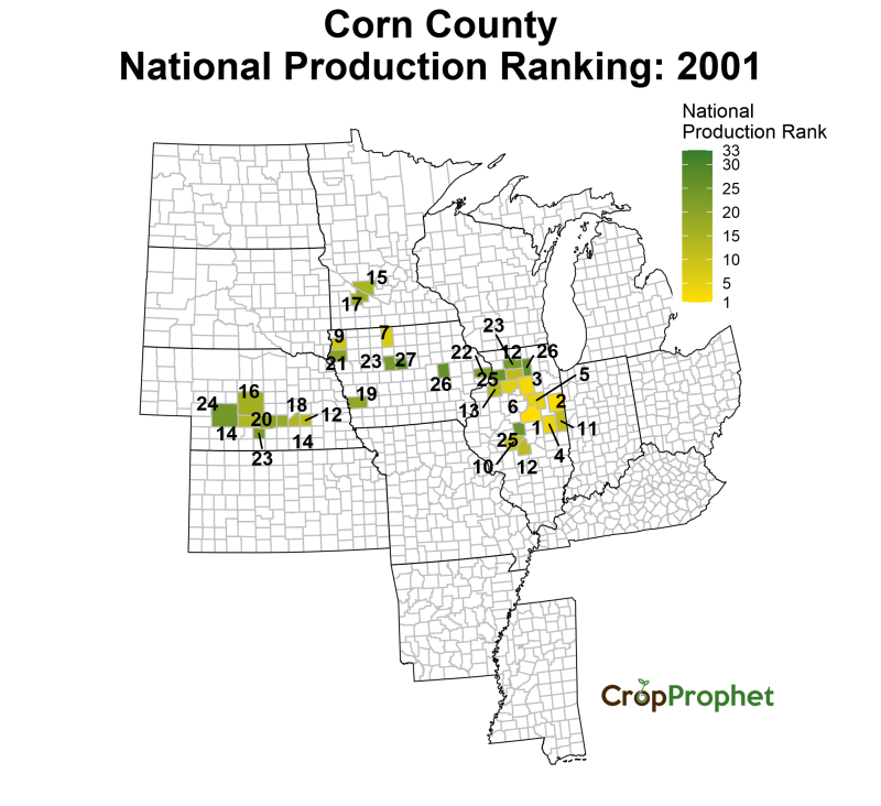 Corn Production by County - 2001 Rankings