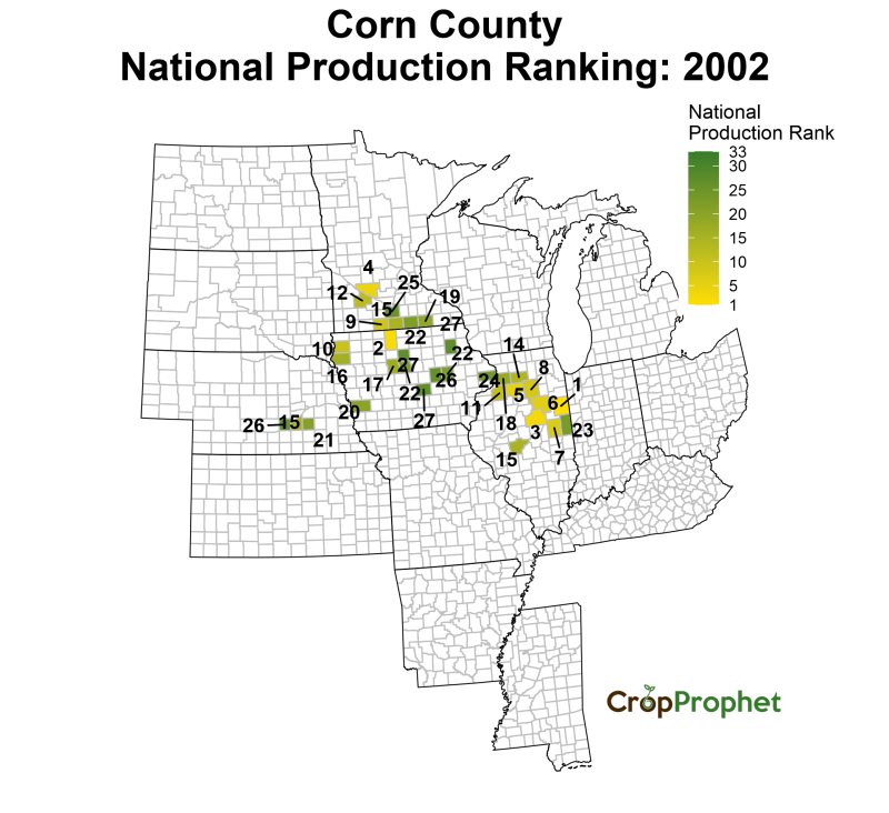 Corn Production by County - 2002 Rankings