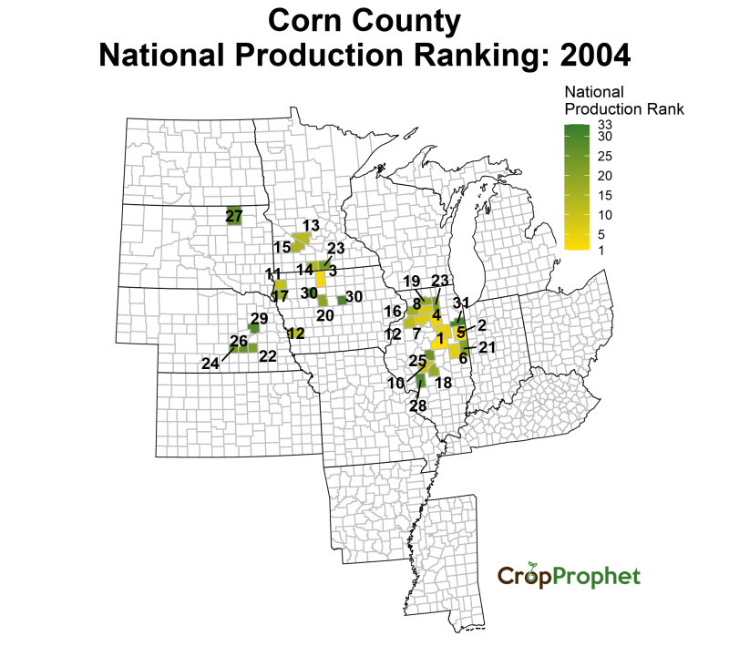 Corn Production by County - 2004 Rankings