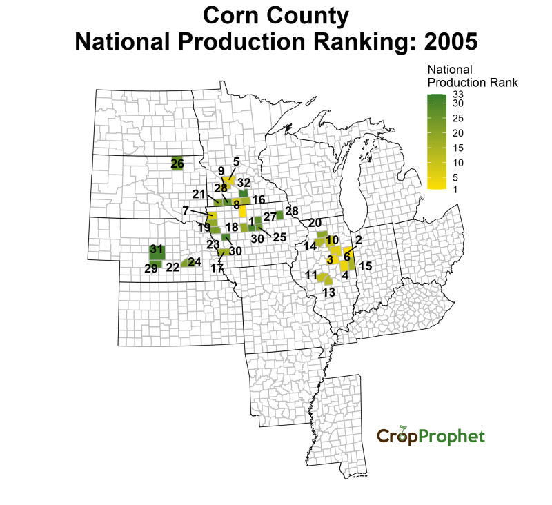 Corn Production by County - 2005 Rankings