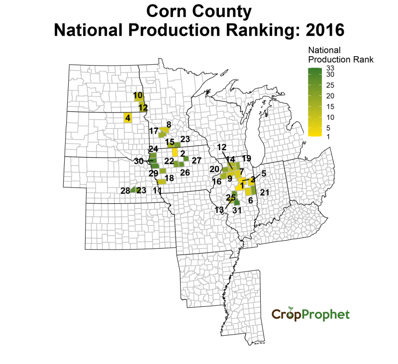 Corn Production by County - 2016 Rankings