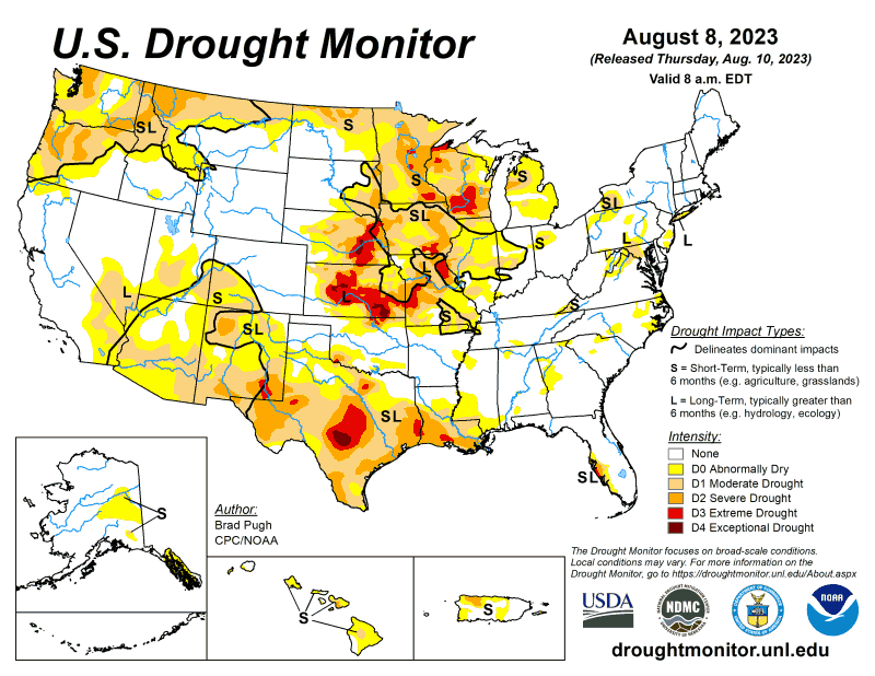 The US Drought Monitor Map as of August 10, 2023
