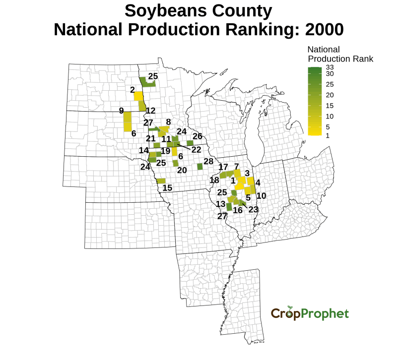 Soybeans Production by County - 2000 Rankings