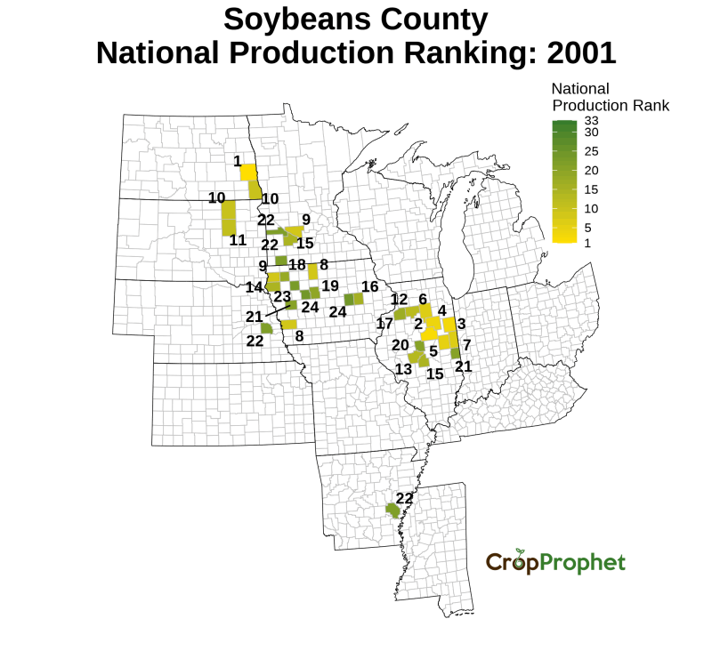 Soybeans Production by County - 2001 Rankings