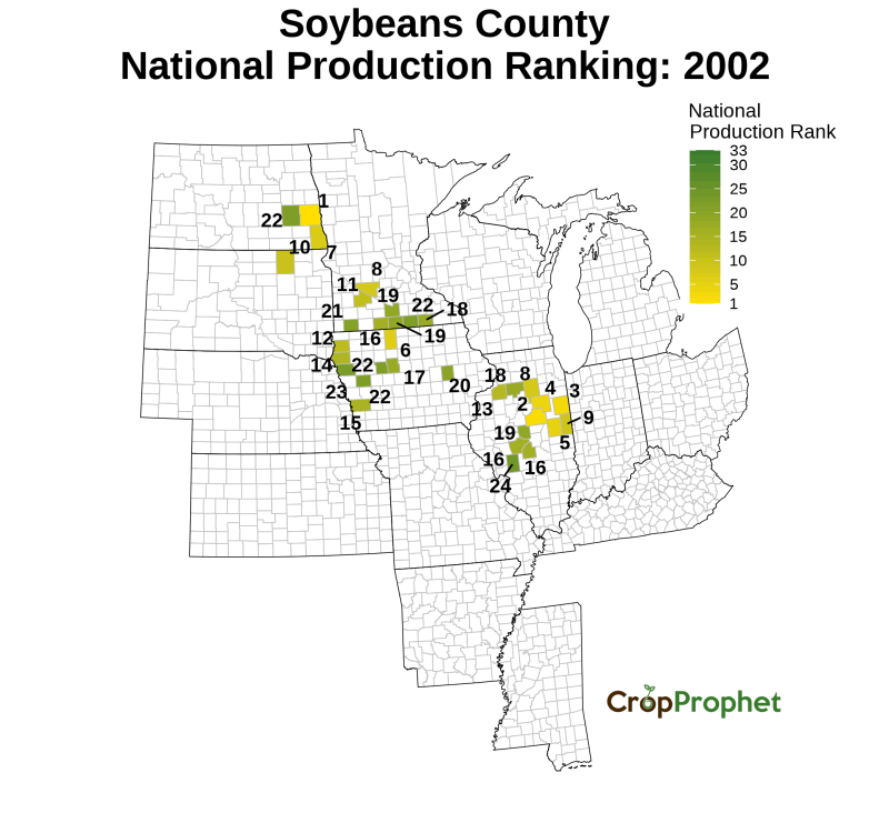 Soybeans Production by County - 2002 Rankings