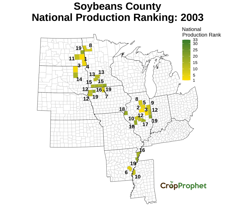 Soybeans Production by County - 2003 Rankings