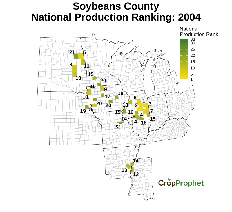 Soybeans Production by County - 2004 Rankings