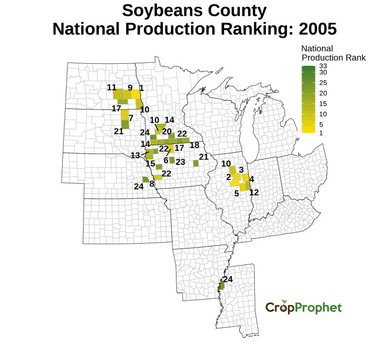 Soybeans Production by County - 2005 Rankings