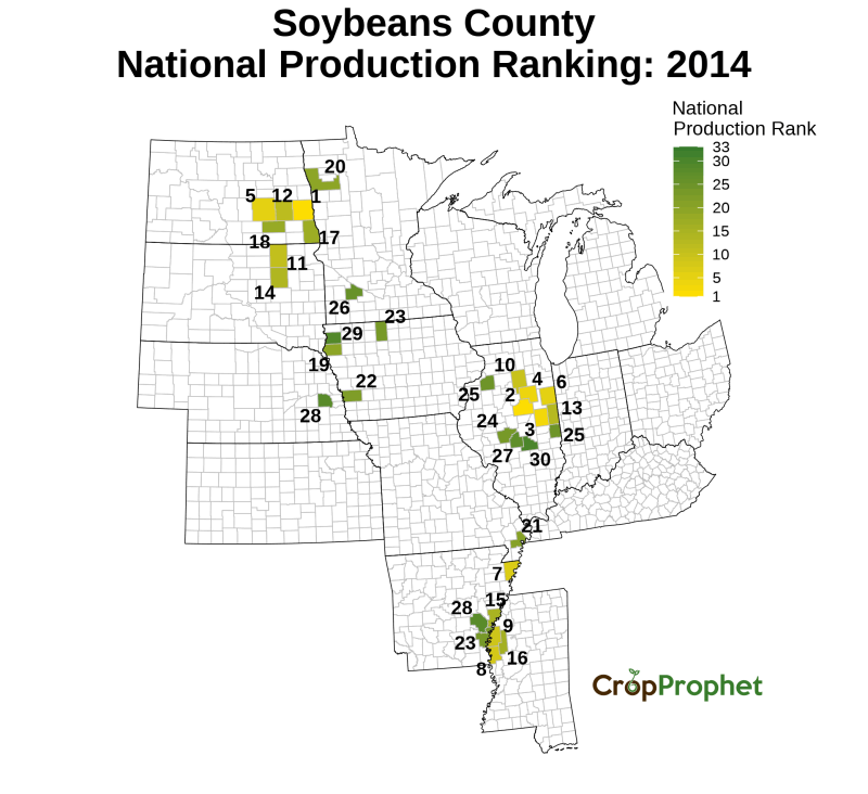 Soybeans Production by County - 2014 Rankings