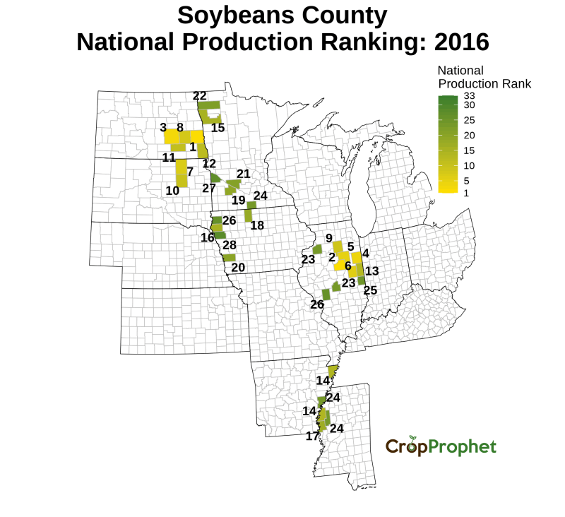 Soybeans Production by County - 2016 Rankings