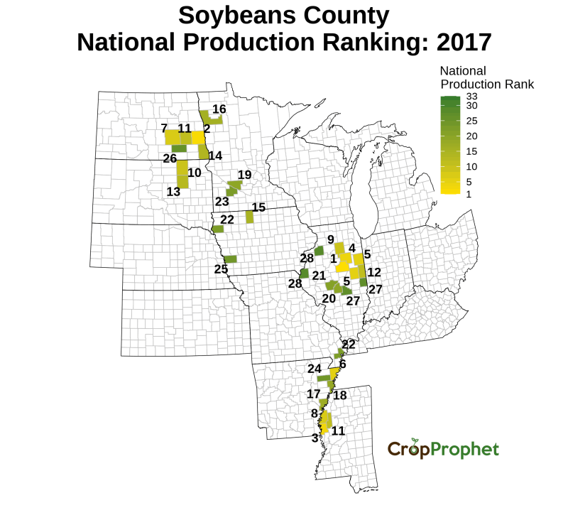 Soybeans Production by County - 2017 Rankings