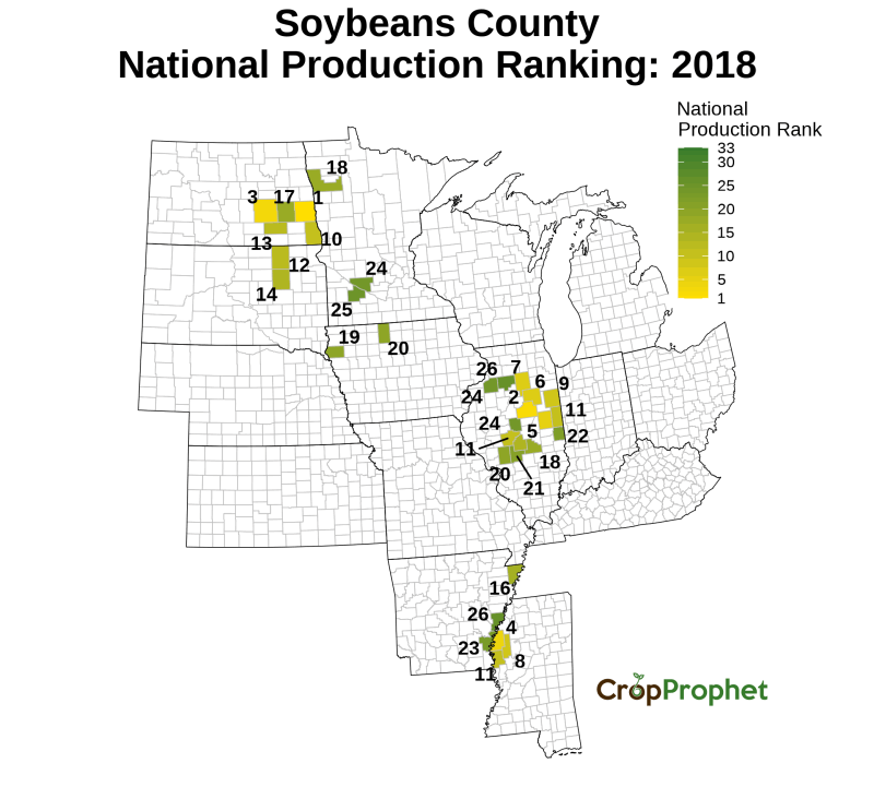Soybeans Production by County - 2018 Rankings