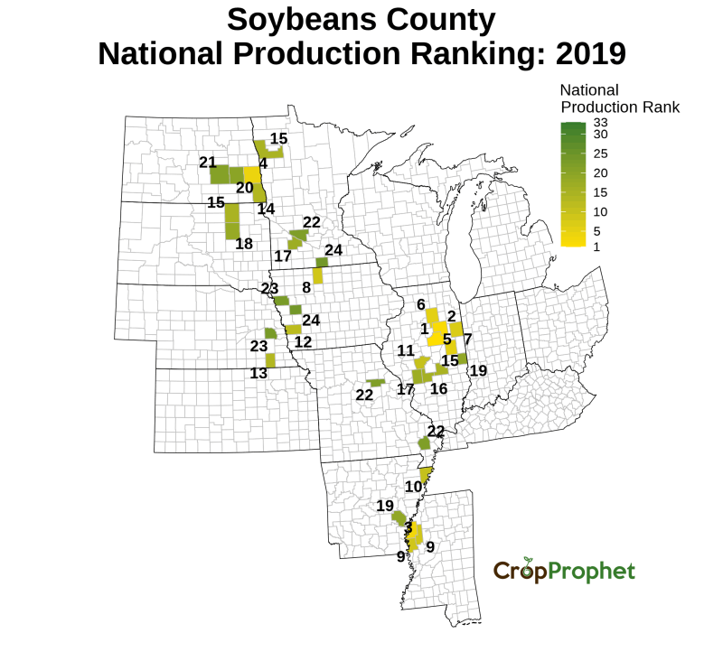 Soybeans Production by County - 2019 Rankings