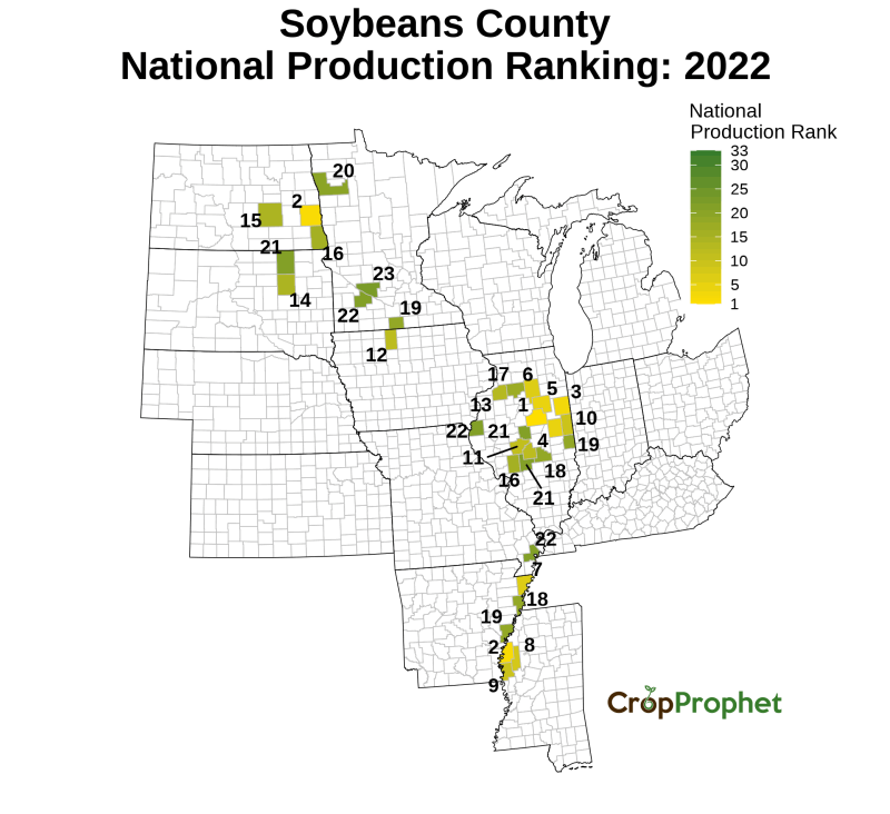 Soybeans Production by County - 2022 Rankings