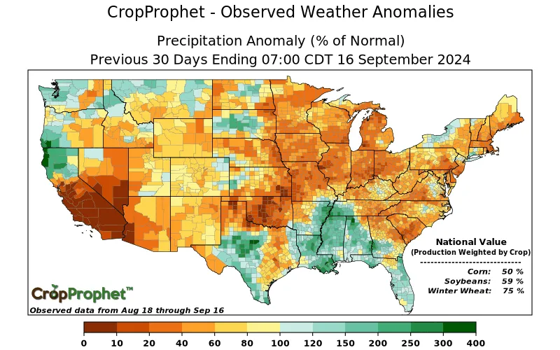 CropProphet latest 30 days observed precipitation anomaly graphic ending on September 16, 2024.