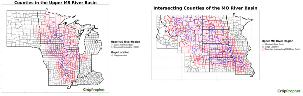 Counties within both the Upper Mississippi and Missouri River Basins, and the location of the key gage used in this analysis.