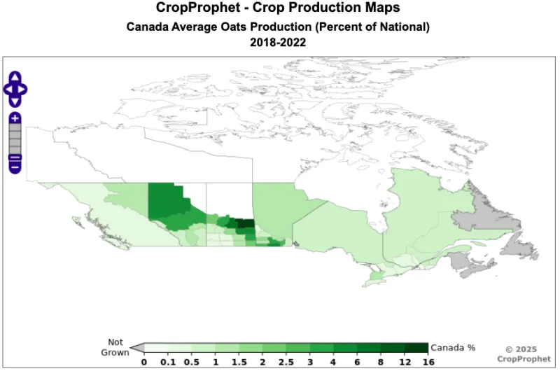 Where are oats grown in Canada?
